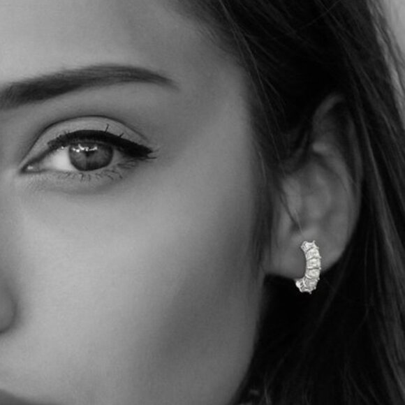 Baguette Diamond Inside Out 14K (or 18k upon request) Yellow Gold Hoop Earrings - Picture 3 of 7